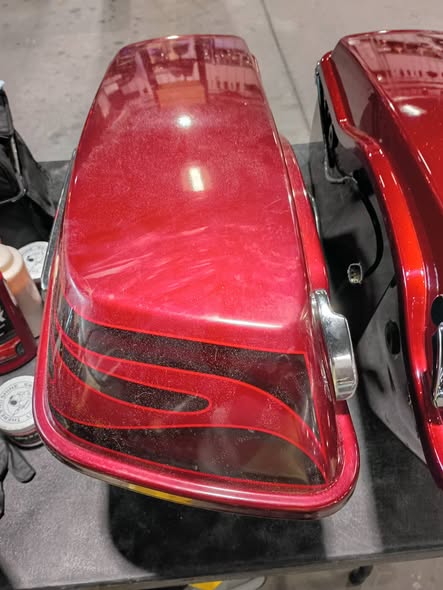 Red saddlebags after motorcycle paint restoration and correction, photo 1