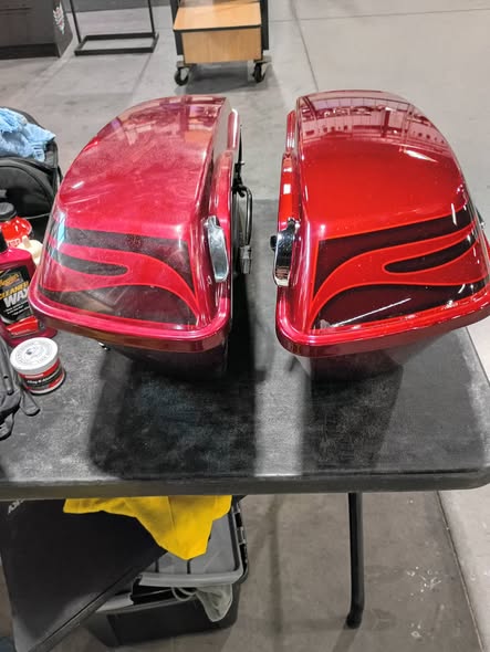 Red saddlebags after motorcycle paint restoration and correction, photo 3